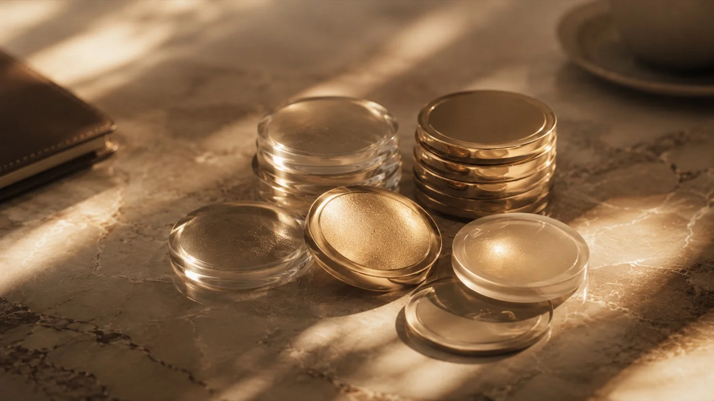 Stacks of gold coins on a marble tabletop